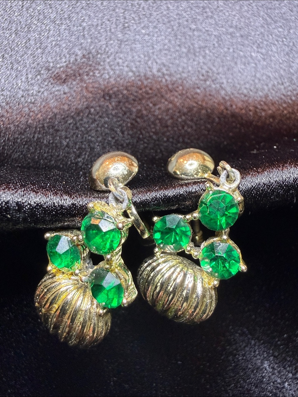 Vintage Gold Tone Earrings with Emerald Green Stones
